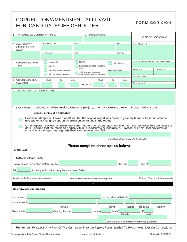 CORRECTIONAMENDMENT AFFIDAVIT FOR CANDIDATEOFFICEHOLDER screenshot