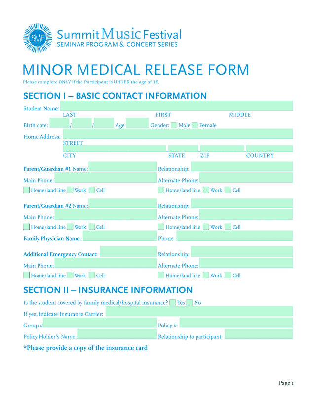 MINOR MEDICAL RELEASE FORM screenshot