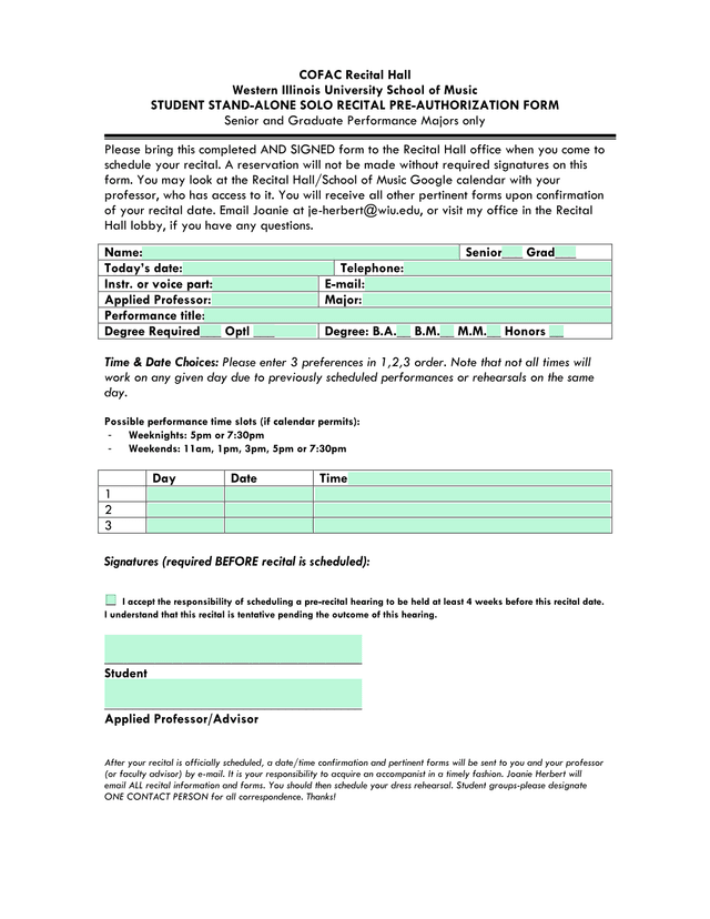 Student Stand Alone Solo Recital Pre Authorization Form screenshot