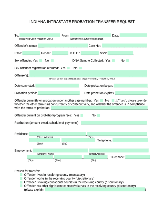 Indiana Intrastate Probation Transfer Request screenshot