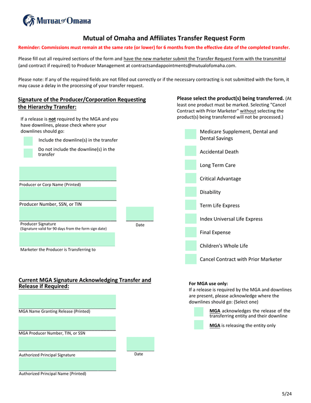 Mutual Of Omaha And Affiliates Transfer Request Form screenshot