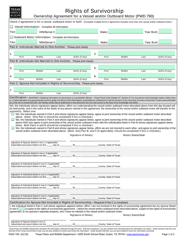 PWD 790 Rights Of Survivorship Ownership Agreement For A Vessel AndOr Outboard Motor screenshot