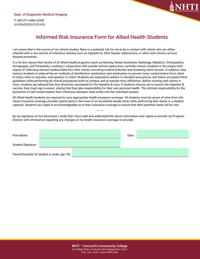 Informed Risk Insurance Form For Allied Health Students screenshot