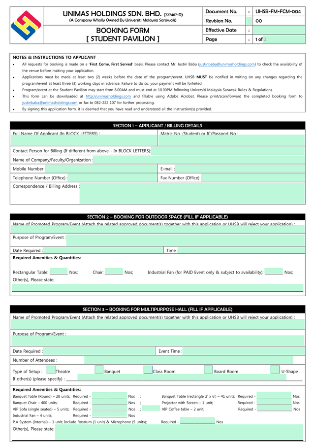BOOKING FORM STUDENT PAVILION screenshot