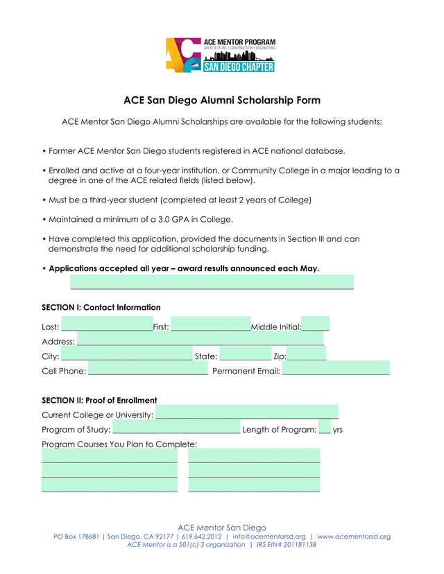 ACE San Diego Alumni Scholarship Form screenshot