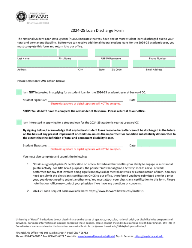 2024 25 Loan Discharge Form screenshot