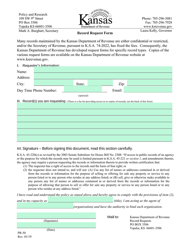 Kansas Department Of Revenue Record Request Form screenshot