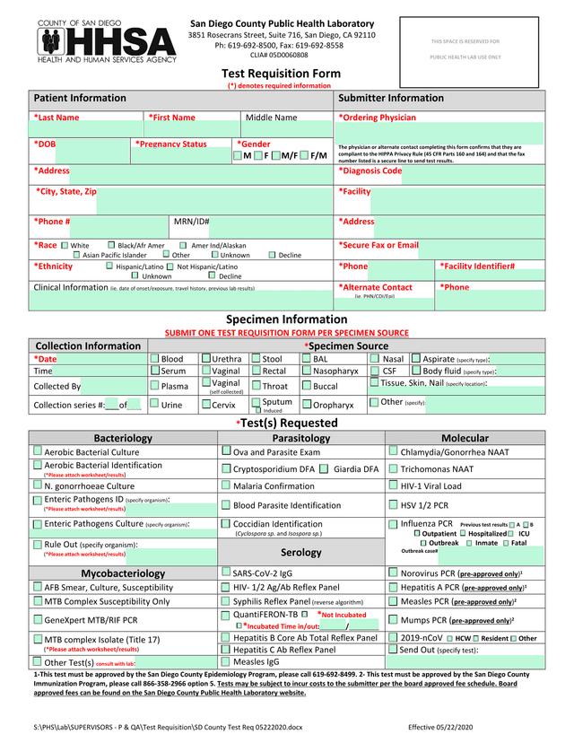 San Diego County Public Health Laboratory Test Requisition Form screenshot