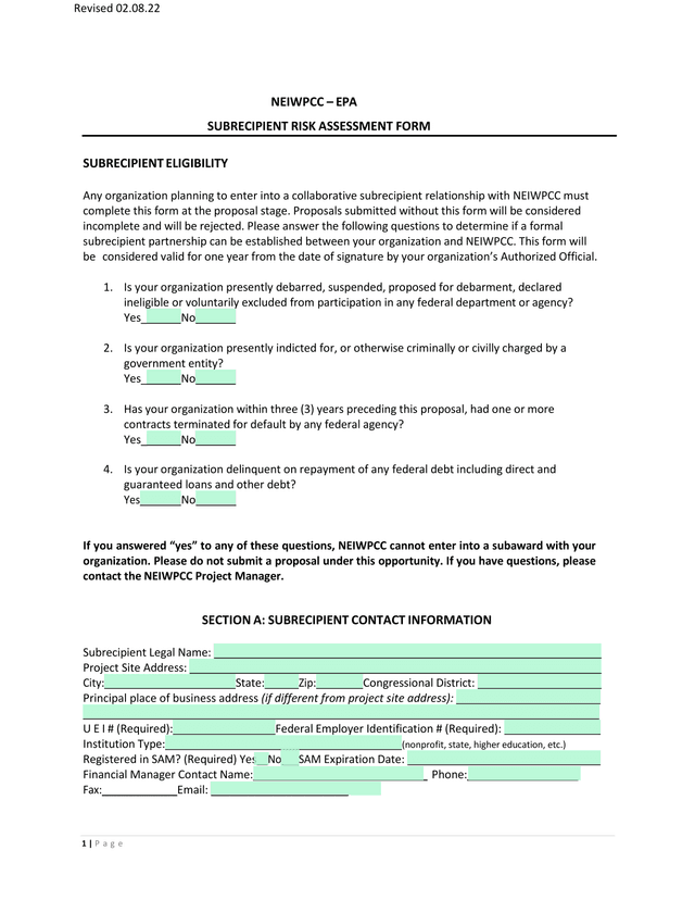 NEIWPCC  EPA SUBRECIPIENT RISK ASSESSMENT FORM screenshot