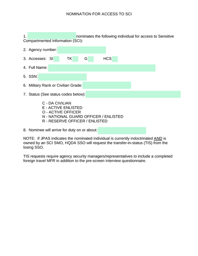 NOMINATION FOR ACCESS TO SCI screenshot