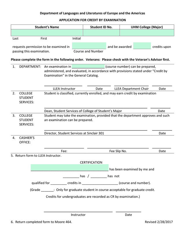 Application For Credit By Examination screenshot