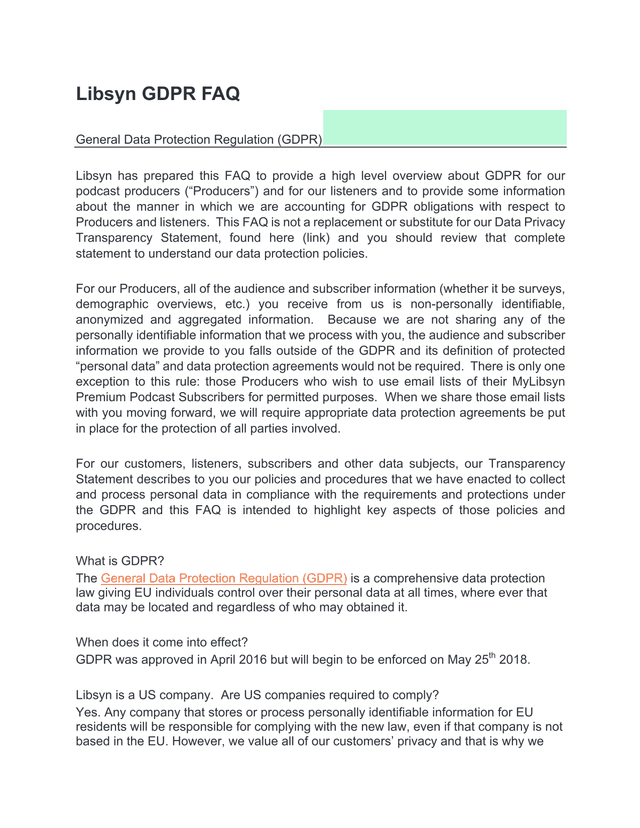 Libsyn GDPR FAQ screenshot