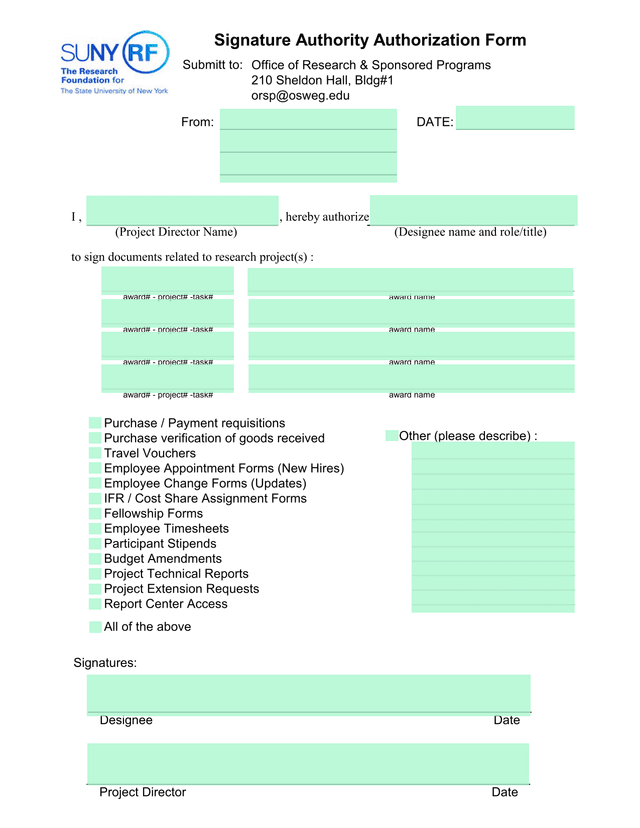 Signature Authority Authorization Form screenshot