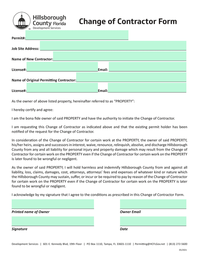 Change Of Contractor Form screenshot