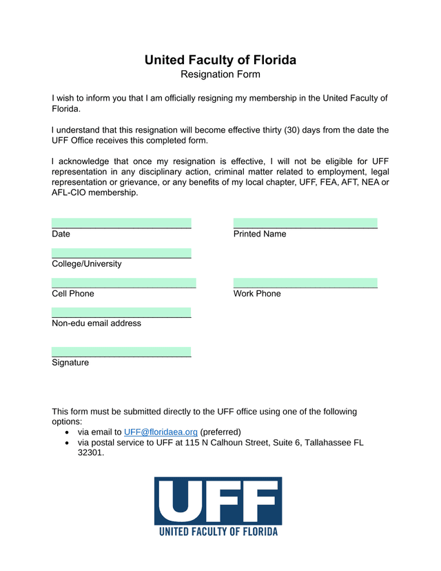 United Faculty Of Florida Resignation Form screenshot
