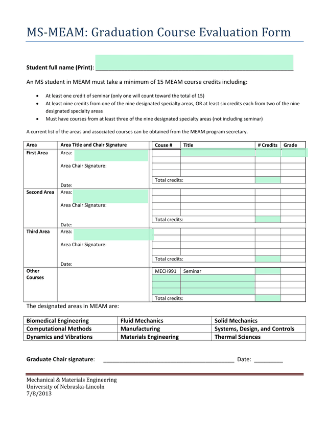 MS MEAM Graduation Course Evaluation Form screenshot