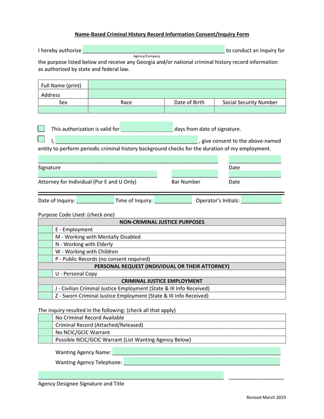 Name Based Criminal History Record Information ConsentInquiry Form screenshot