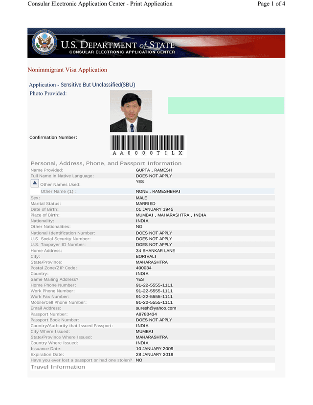 Nonimmigrant Visa Application screenshot