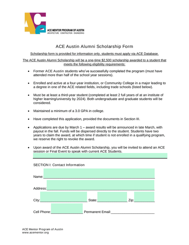 ACE Austin Alumni Scholarship Form screenshot