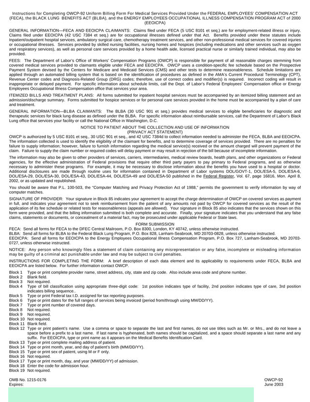 OWCP 92 Uniform Billing Form screenshot