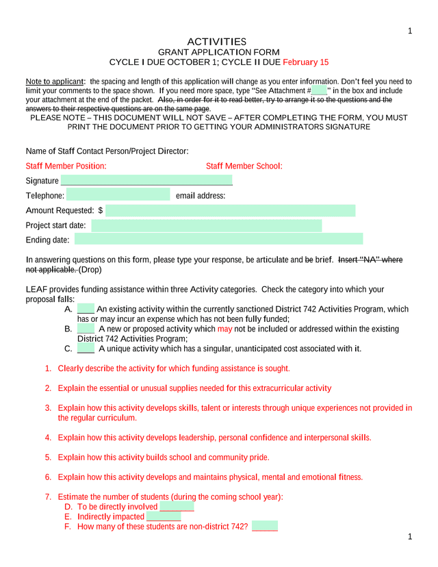 ACTIVITIES GRANT APPLICATION FORM screenshot