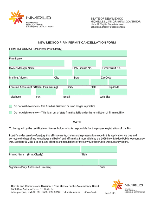 NEW MEXICO FIRM PERMIT CANCELLATION FORM screenshot