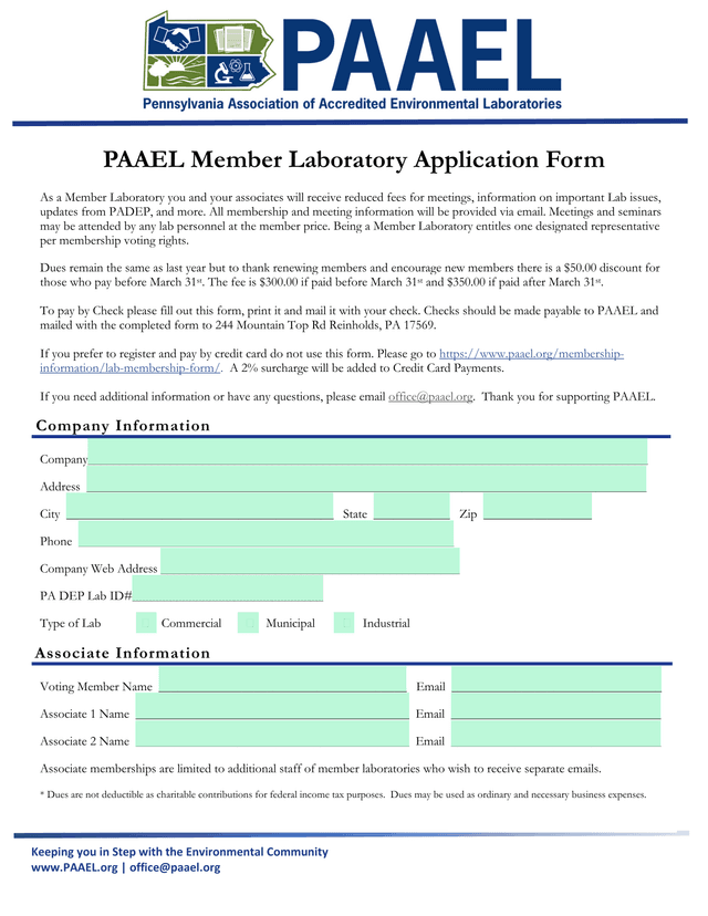 PAAEL Member Laboratory Application Form screenshot