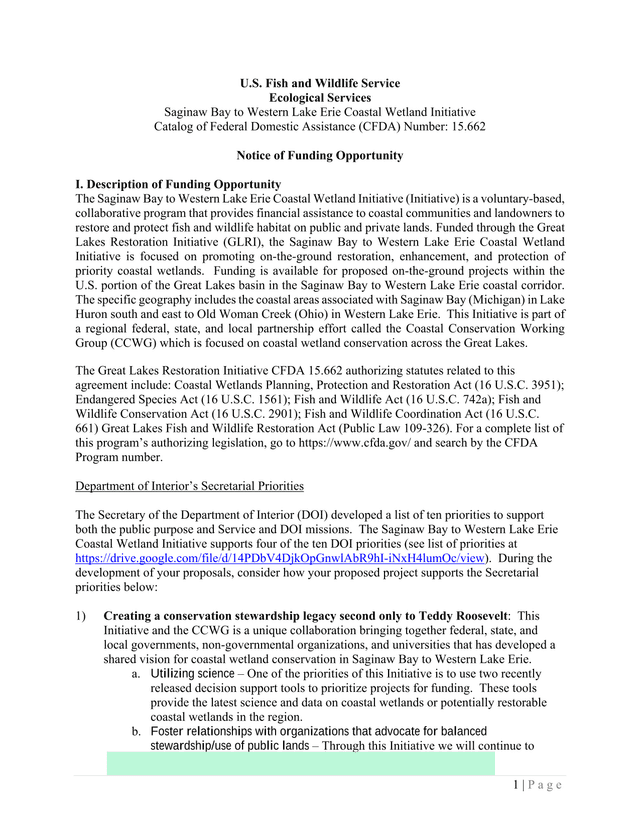 Notice Of Funding Opportunity Saginaw Bay To Western Lake Erie Coastal Wetland Initiative screenshot