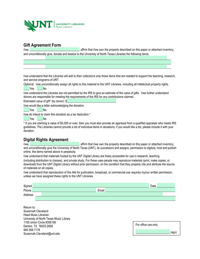 Gift Agreement Form screenshot