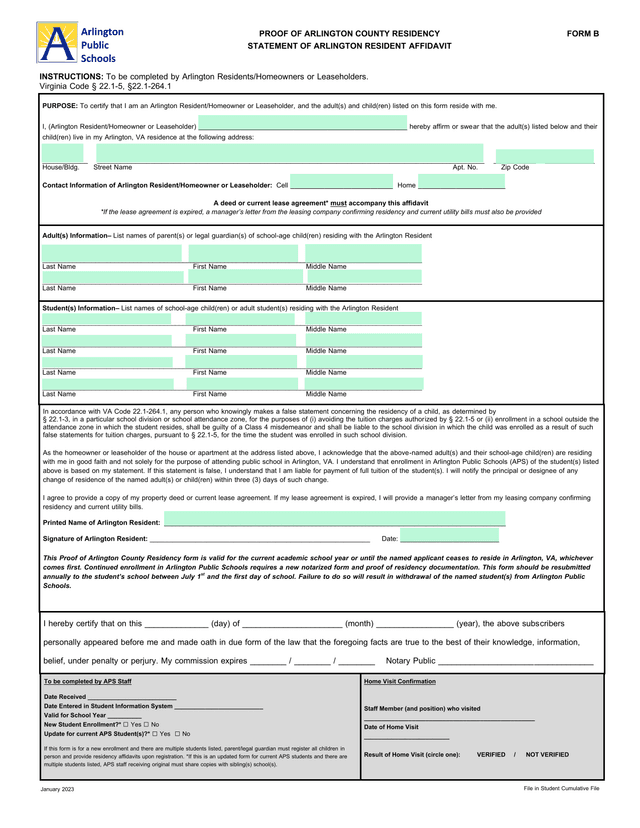 Arlington Residency Affidavit screenshot