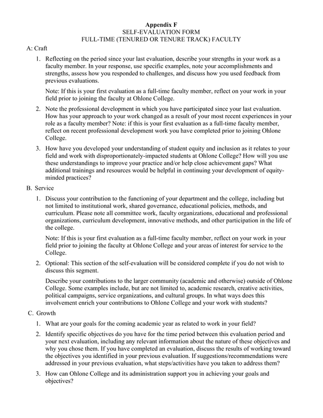 Self Evaluation Form Full Time (Tenured Or Tenure Track) Faculty screenshot