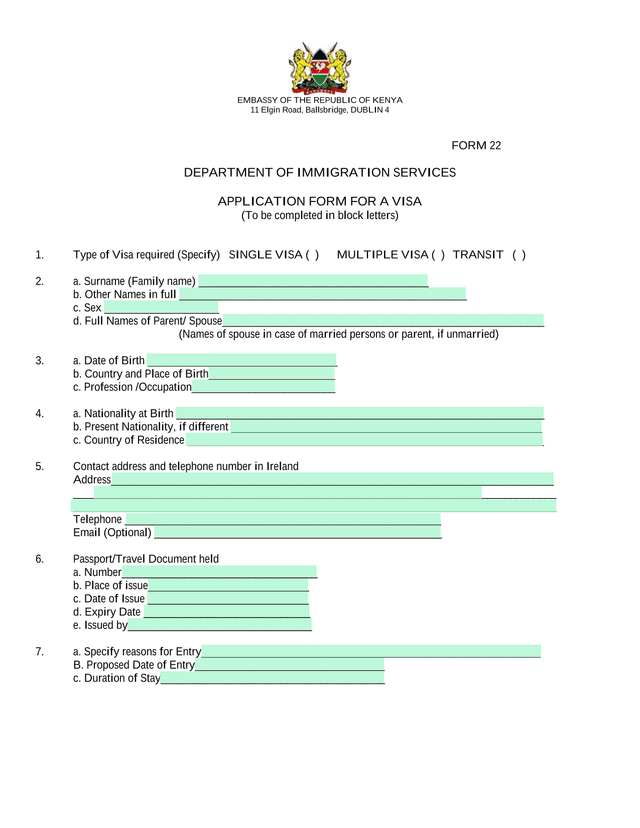 FORM 22   APPLICATION FORM FOR A VISA screenshot