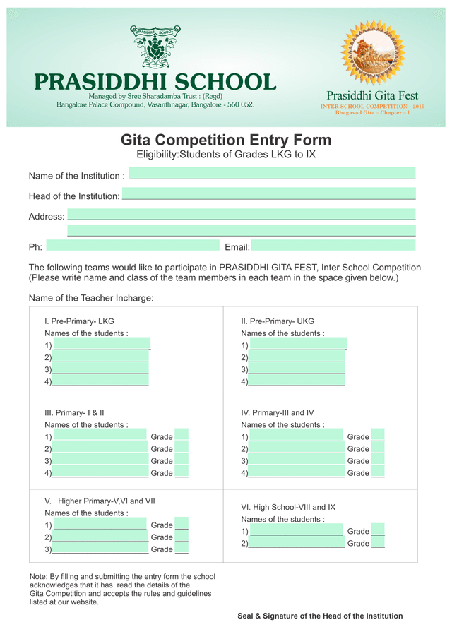 Prasiddhi Gita Fest Inter School Competition Entry Form screenshot