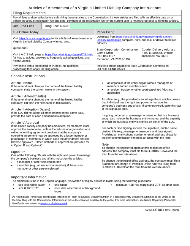 Articles Of Amendment Of A Virginia Limited Liability Company Instructions screenshot