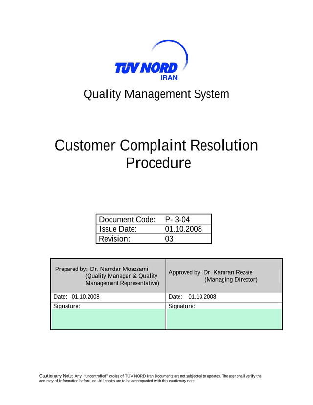 Customer Complaint Resolution Procedure screenshot