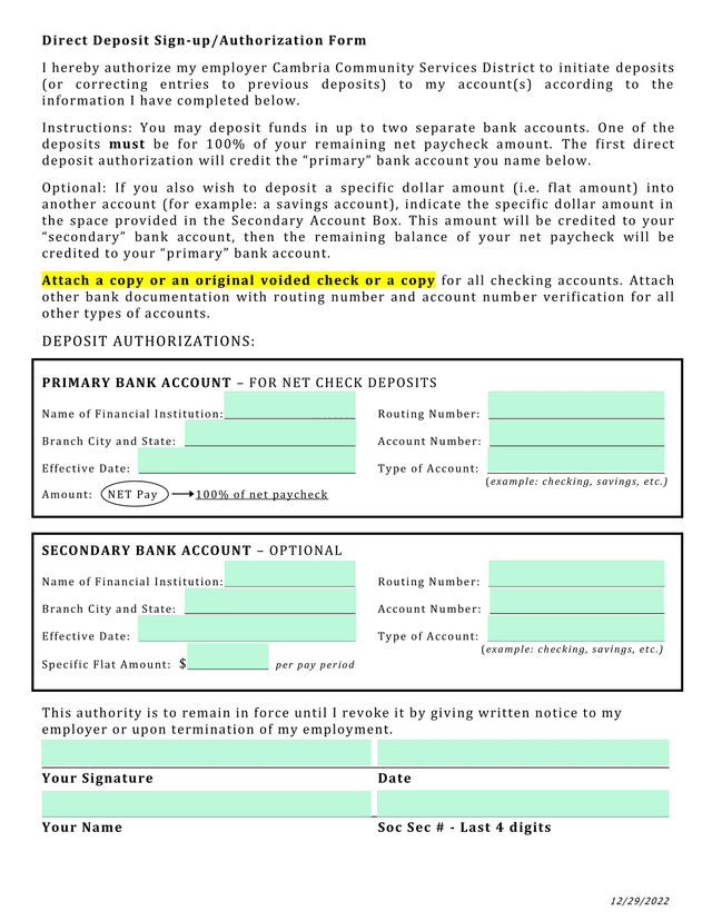 Direct Deposit Sign UpAuthorization Form screenshot