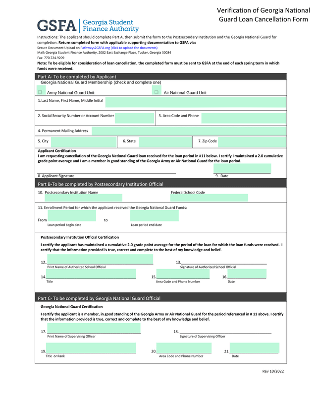 Verification Of Georgia National Guard Loan Cancellation Form screenshot