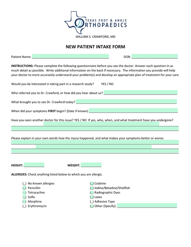 NEW PATIENT INTAKE FORM screenshot