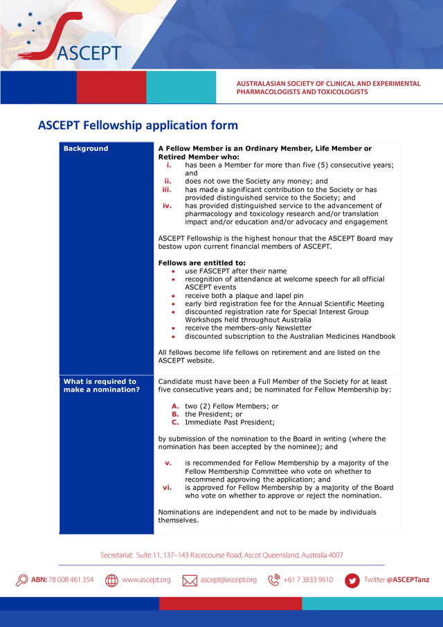 ASCEPT Fellowship Application Form screenshot