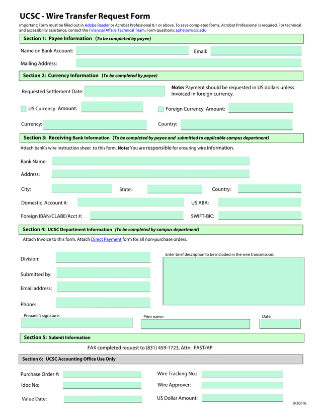 UCSC   Wire Transfer Request Form screenshot