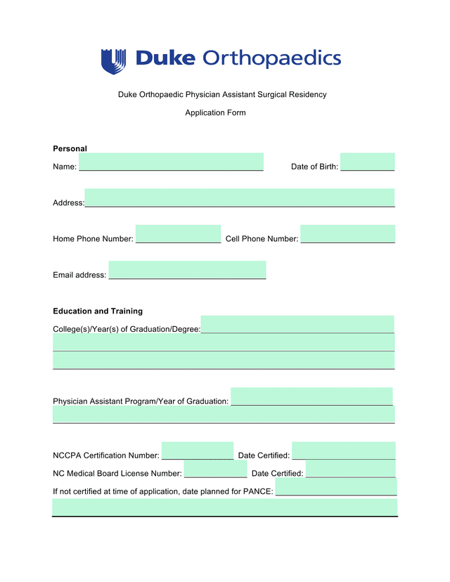 Duke Orthopaedic Physician Assistant Surgical Residency Application Form screenshot