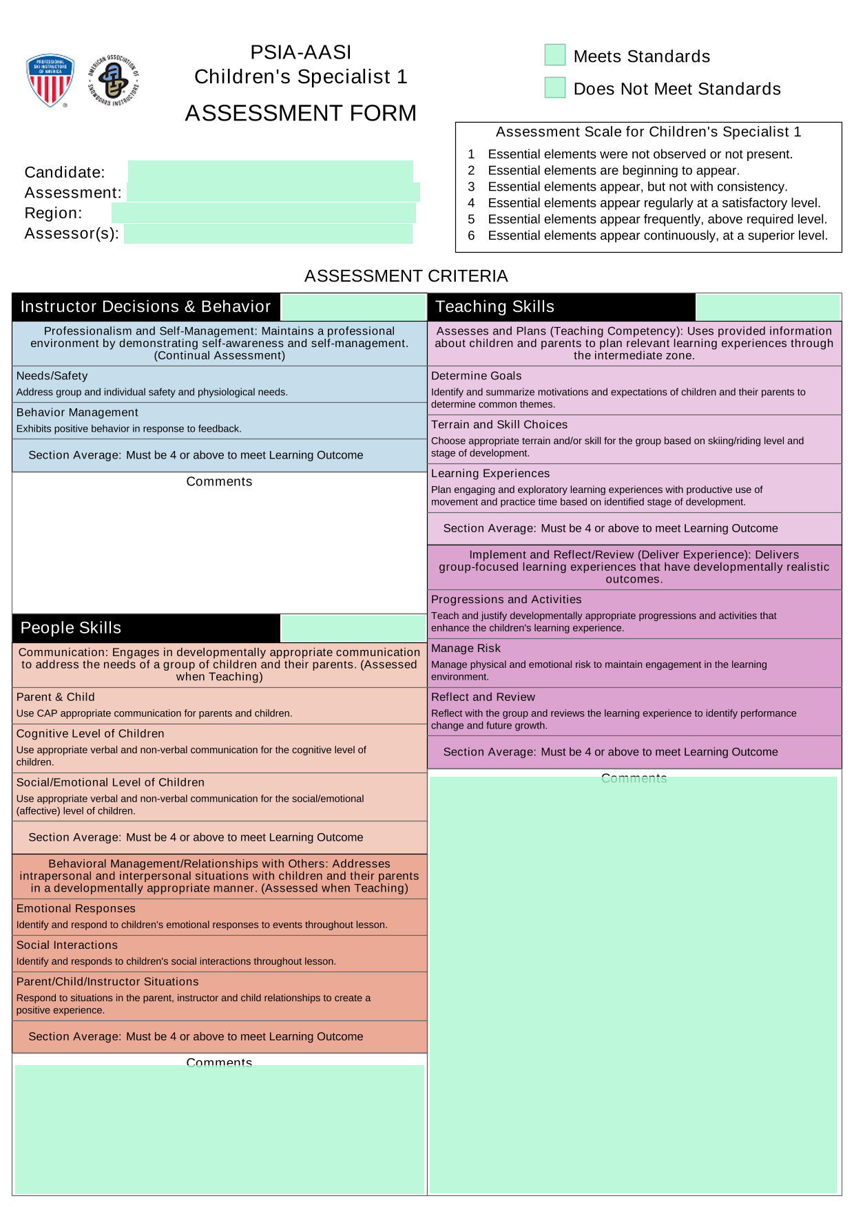 PSIA AASI ChildrenS Specialist 1 Assessment Form screenshot