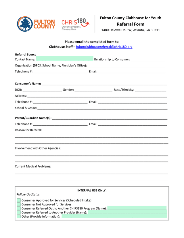 Fulton County Clubhouse For Youth Referral Form screenshot