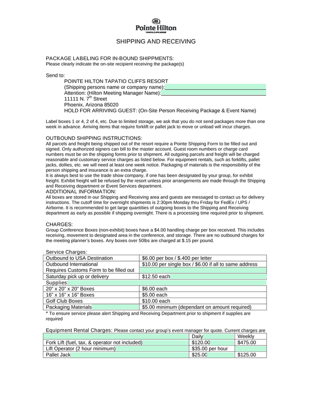 Shipping And Receiving Instructions screenshot