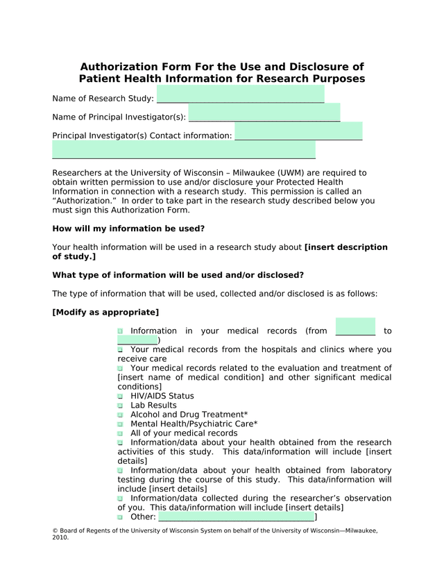 Authorization Form For The Use And Disclosure Of Patient Health Information For Research Purposes screenshot