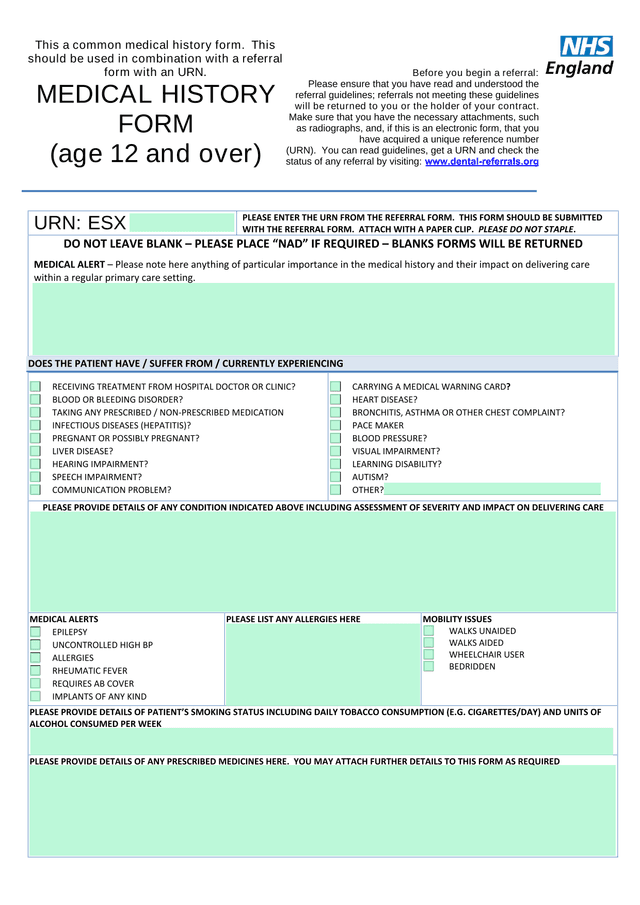 MEDICAL HISTORY FORM screenshot