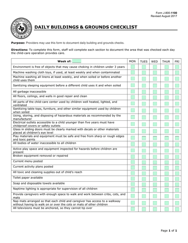 Form J 800 1100 DAILY BUILDINGS  GROUNDS CHECKLIST screenshot