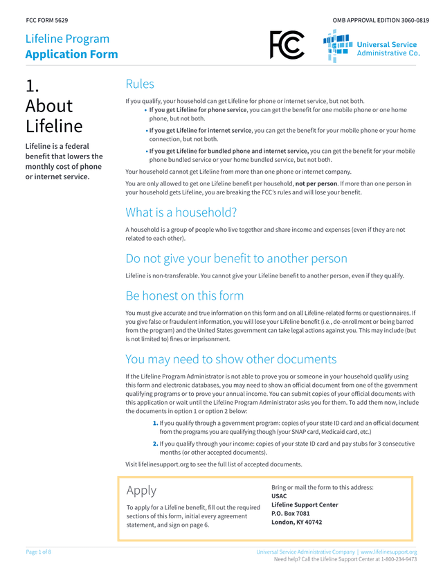 FCC Form 5629 Lifeline Program Application Form screenshot