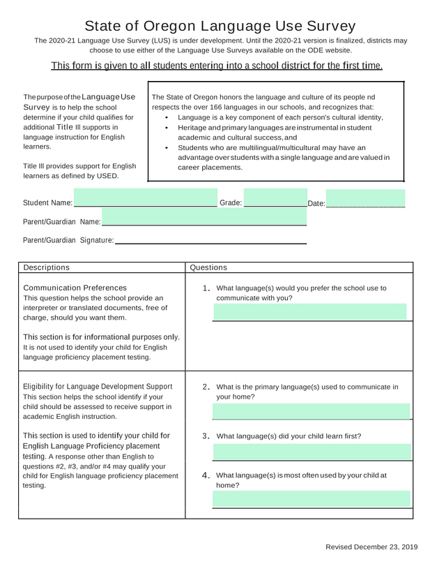 State Of Oregon Language Use Survey screenshot