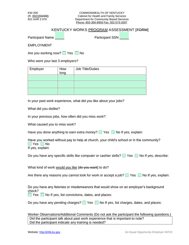 Kentucky Works Program Assessment screenshot